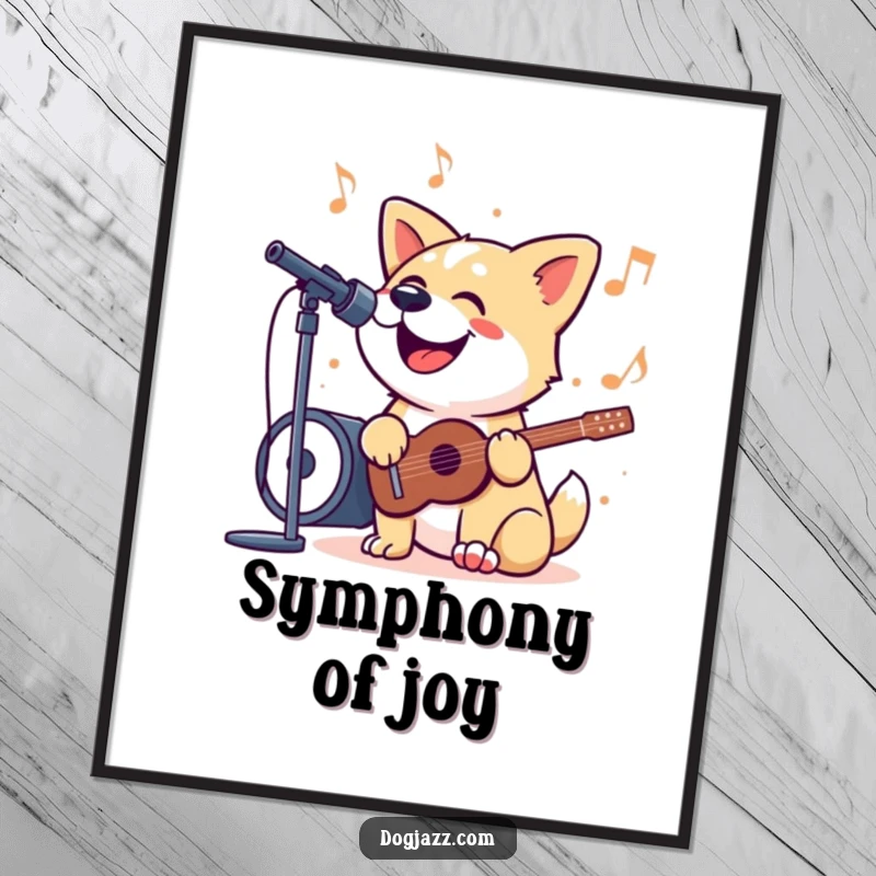 Funny Poster of a dog with its mouth open, happily singing along to a jazzy tune, radiating pure musical joy and vibrant energy.