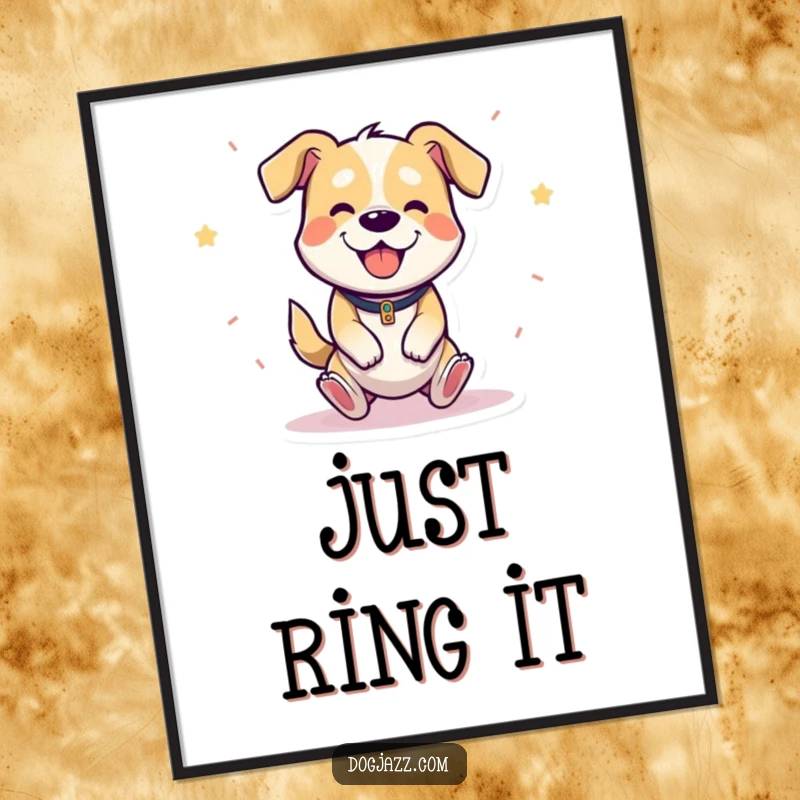 Funny poster depicting a cheerful cartoon dog happily bouncing while playing the triangle with delight.