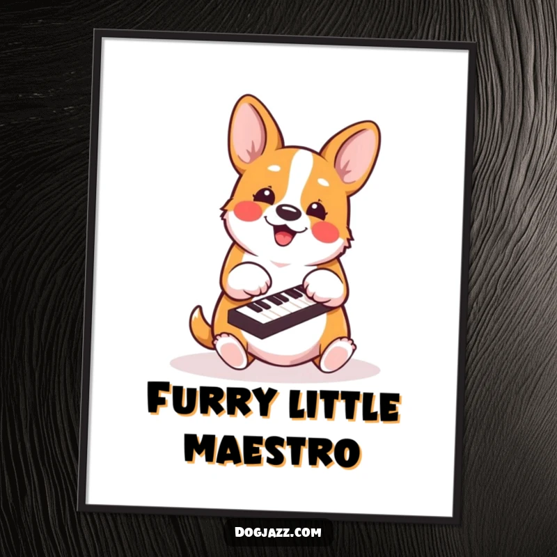 Funny corgi poster illustrating an energetic dog enthusiastically playing piano keys with its paws.