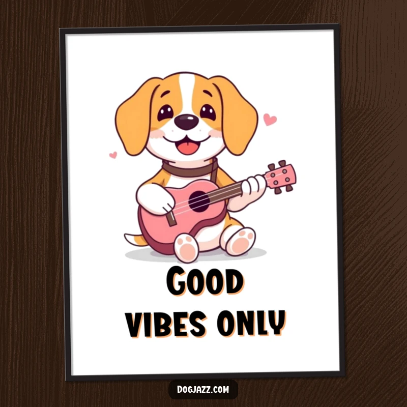 Funny beagle poster showing a happy dog strumming a ukulele with a cheerful expression and musical flair.