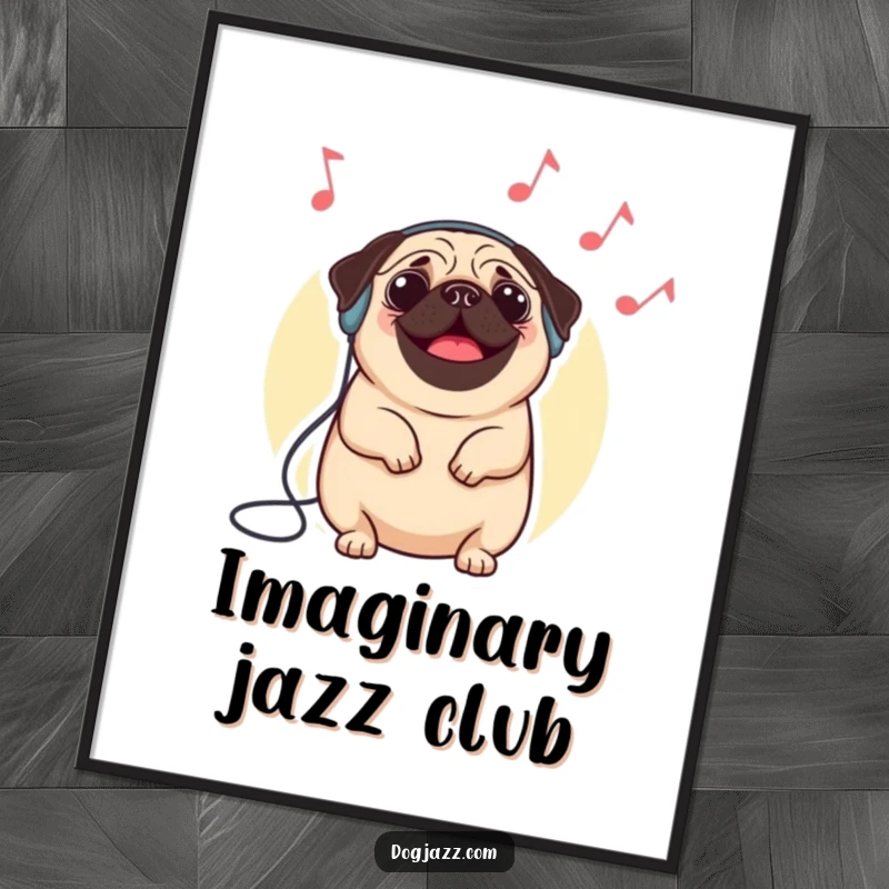 Funny pug poster showing a round, happy pug wearing headphones and nodding to imaginary jazz, a delightful piece of wall art.
