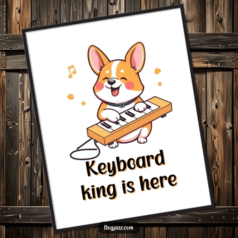 Funny Corgi poster featuring a corgi character joyfully typing on a keyboard, perfect humorous wall art for tech enthusiasts.