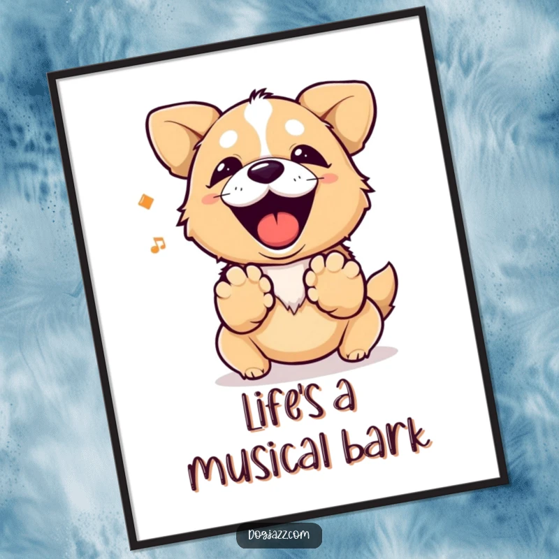Funny dog barking a rhythm with its paws. Humorous poster art for dog enthusiasts.