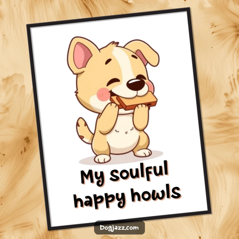 Funny dog poster art of a dog playing a harmonica and bopping its head, perfect for music-themed decor.