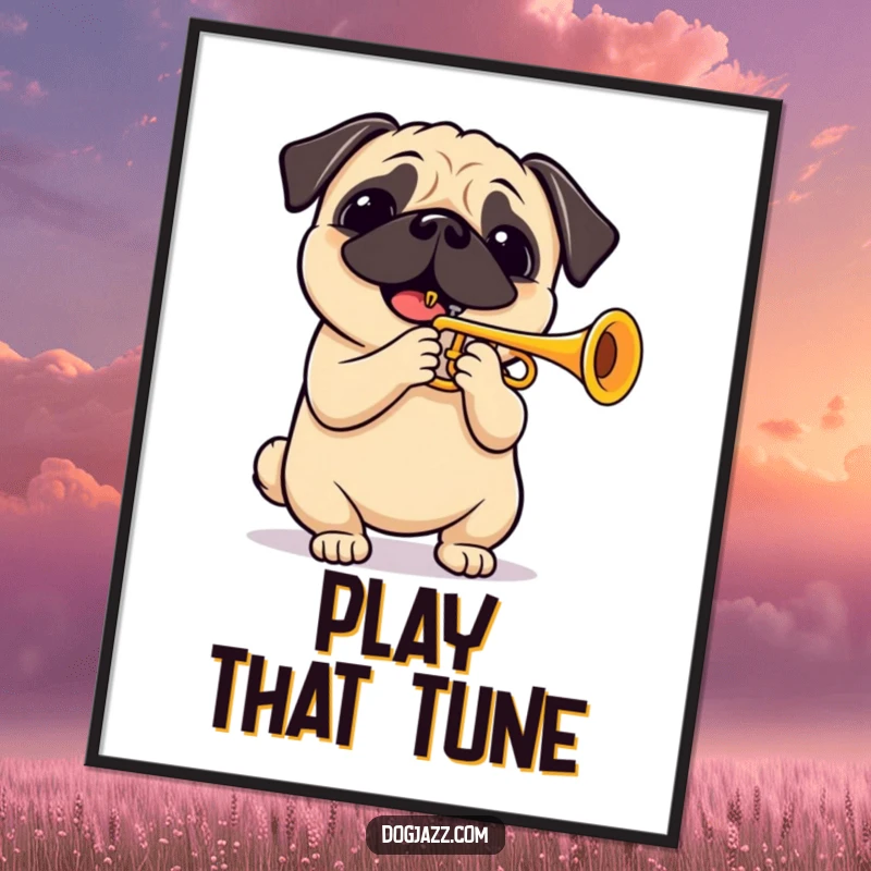Funny pug playing a cheerful trumpet solo, a high-quality poster print showcasing musical canine joy. Perfect wall decor.