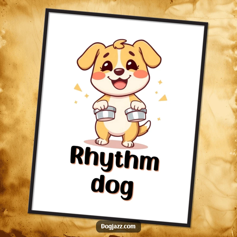 Funny dog character energetically playing cymbals with a smile, humorous and energetic wall art.