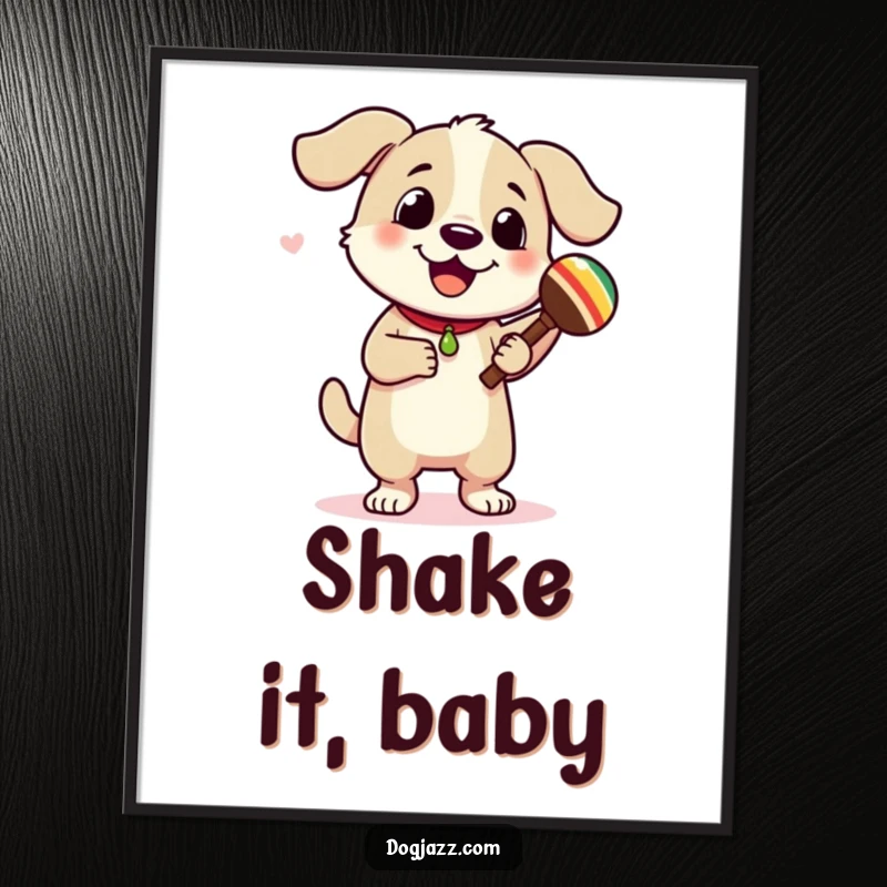 Funny dog character dancing enthusiastically while playing maracas, a dynamic poster for vibrant wall decor. Captures pure fun.