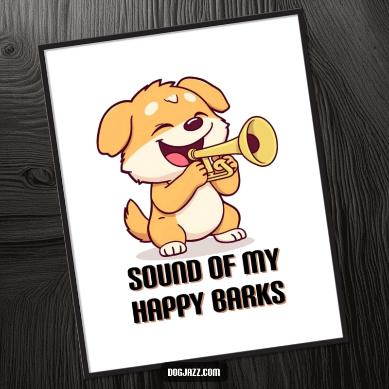 Funny dog poster art of an energetic dog playing a trumpet with a huge grin, perfect for music lovers' walls.