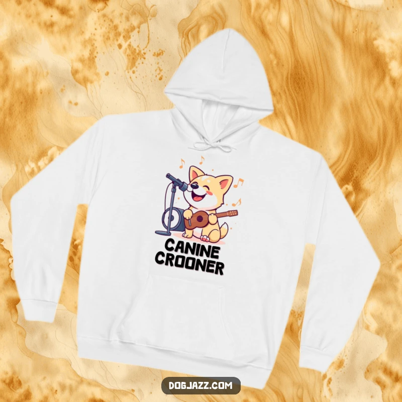 Funny Hoodie depicting a dog joyfully singing its heart out to a jazzy tune, evoking feelings of happiness and musical passion.