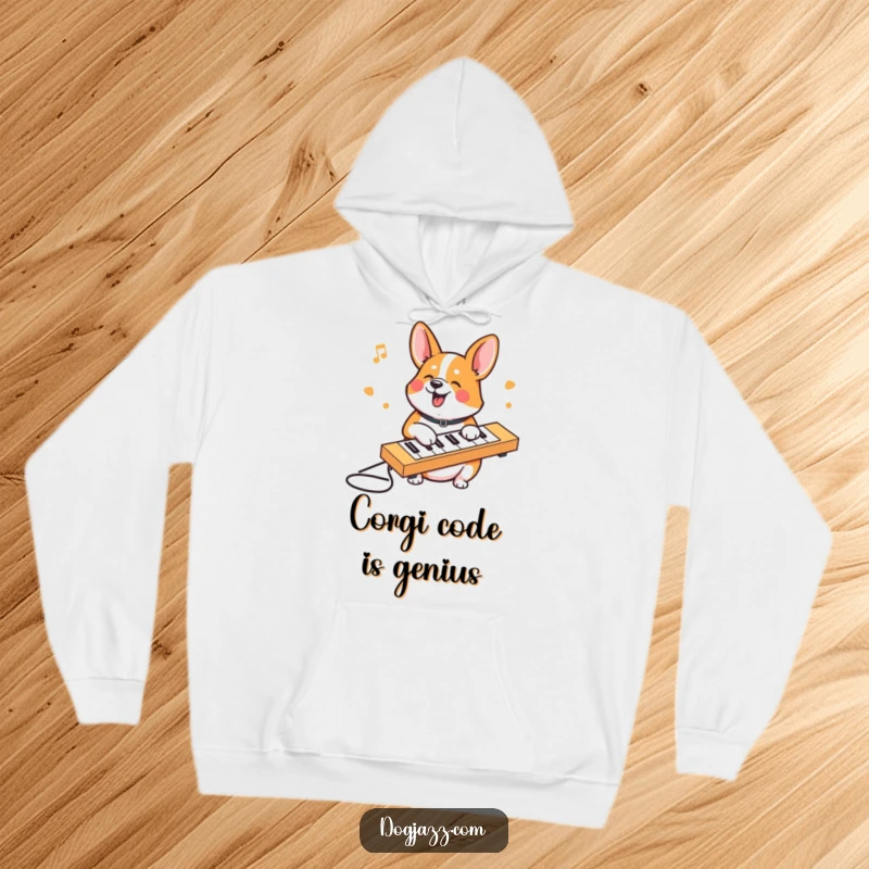 Funny Corgi hoodie depicting a cheerful corgi energetically typing on a keyboard, ideal for cold days and funny moments.