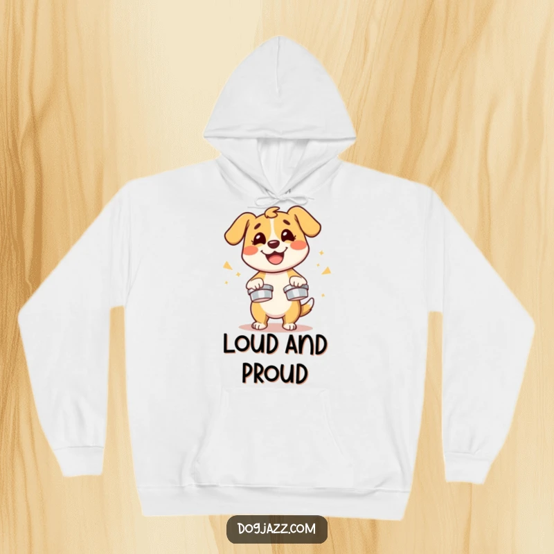 Funny dog character energetically playing cymbals with a smile, a soft and humorous hoodie.