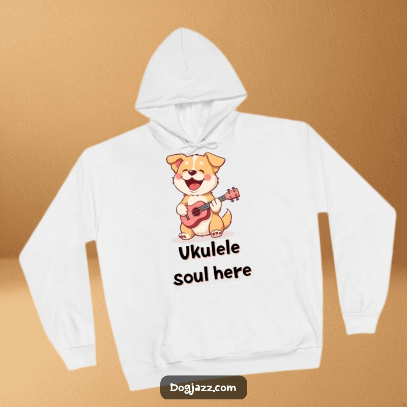 Funny dog hoodie featuring a dog happily strumming a ukulele, exuding warmth and musical cheer.