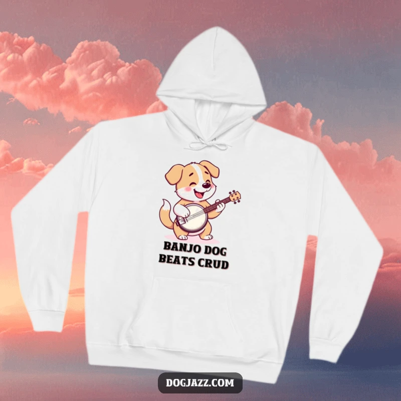 Funny hoodie with a cheerful cartoon dog playing the banjo, its tail wagging, radiating happiness.