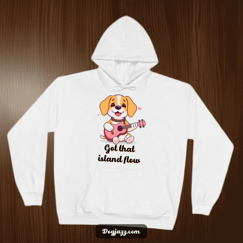Funny beagle hoodie depicting a happy dog enthusiastically strumming a ukulele with a contented smile.