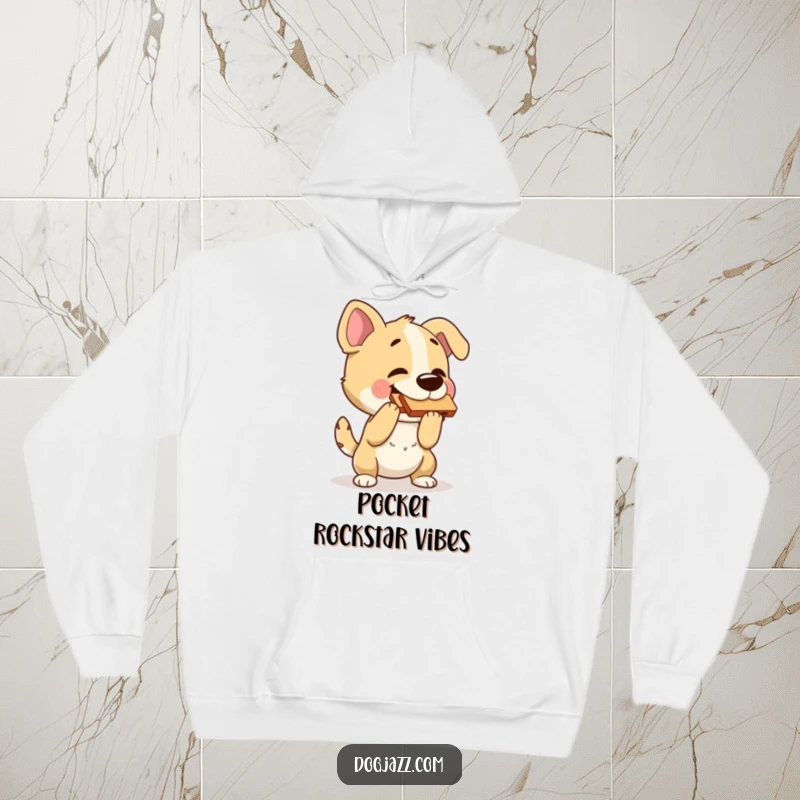 Funny dog hoodie with a dog playing a harmonica and bobbing its head, offering cozy warmth and musical humor.