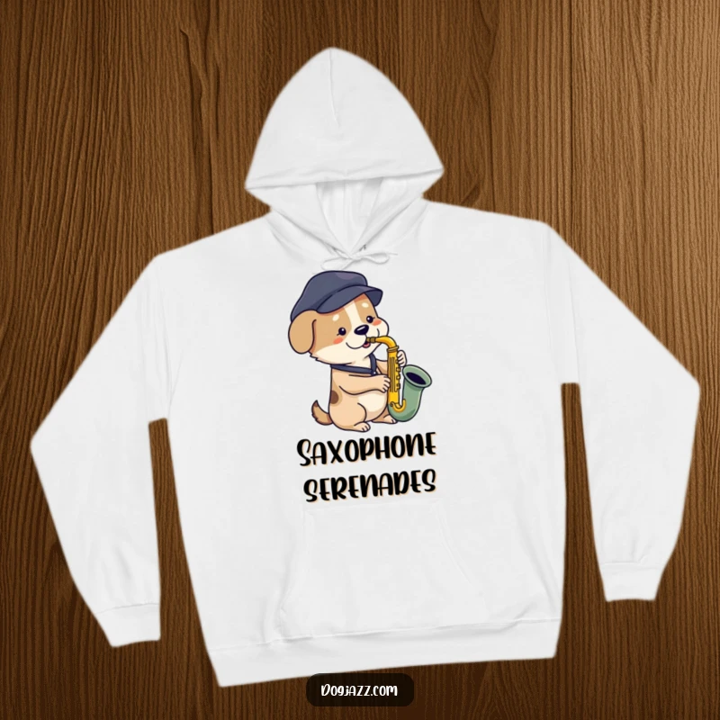 Funny dog hoodie with a dog wearing a beret playing a saxophone, perfect for jazz lovers and cozy evenings.