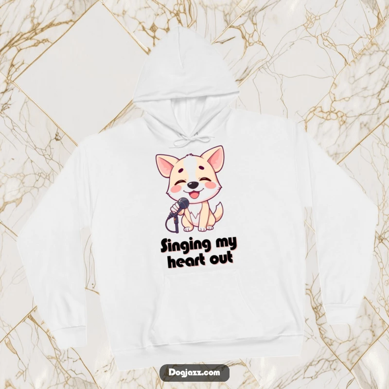 Funny dog crooning into a microphone with closed eyes, a passionate vocalist wrapped in a cozy hoodie.