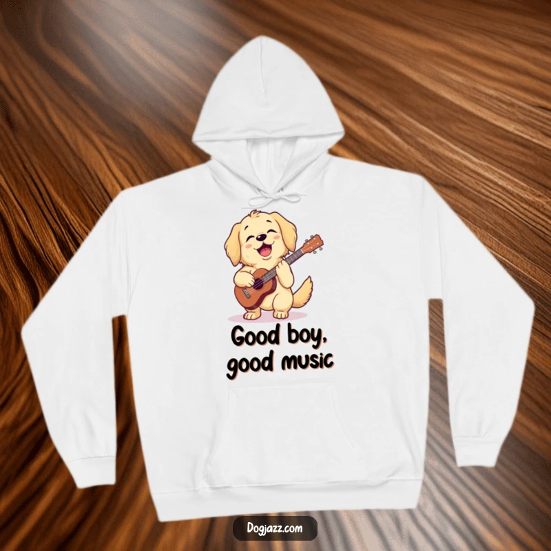 Funny golden retriever playing ukulele on a cozy hoodie, radiating happiness, a perfect funny gift.