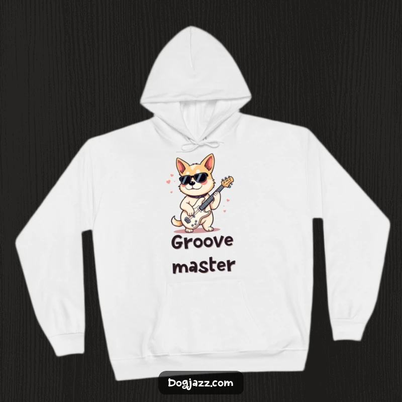 Funny Hoodie featuring a stylish dog playing a jazz bass with a cool, relaxed demeanor, perfect for music lovers and dog fans.