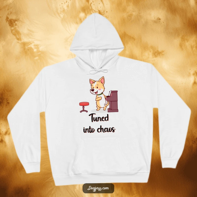 Funny terrier playing piano on a warm hoodie, full of zest, a perfect funny gift.