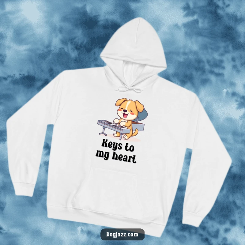 Funny dog playing piano with paws, cozy hoodie for music and dog enthusiasts.