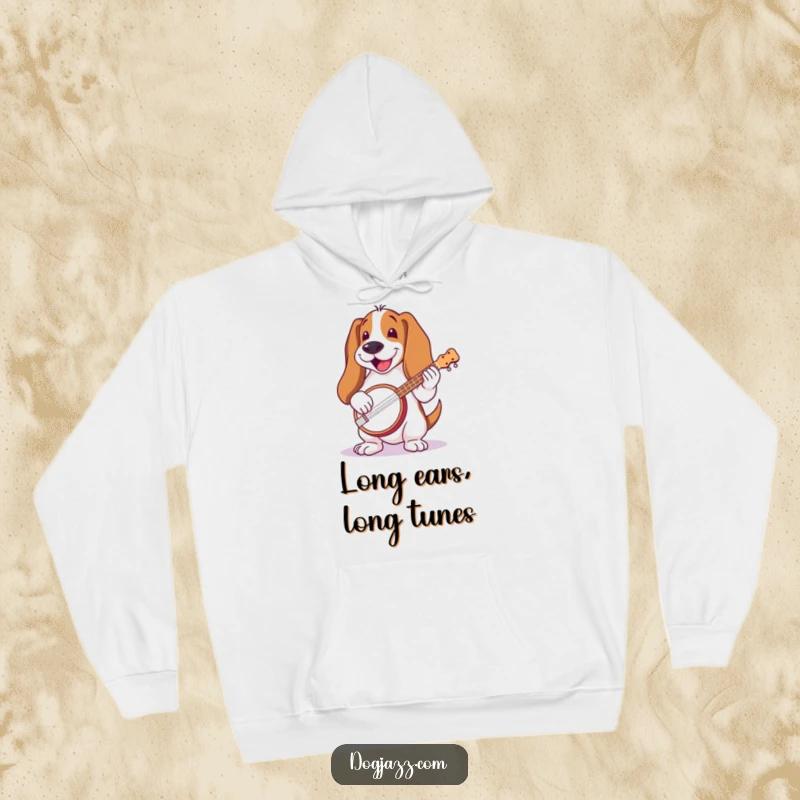 Funny Basset Hound Banjo Hoodie: A basset hound with long ears, joyfully playing a banjo, designed for ultimate cozy comfort.