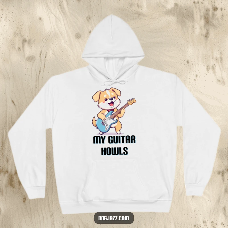 Funny kawaii dog hoodie with a gleeful pup shredding an electric guitar, offering warmth and rockstar style.