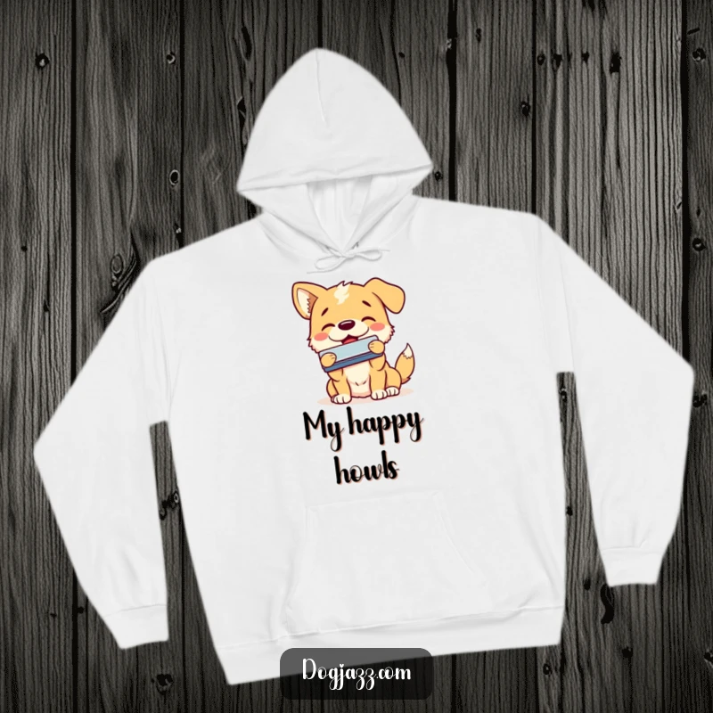 Funny dog hoodie with a happy dog enthusiastically playing the harmonica with a smile, offering warmth and soulful style.