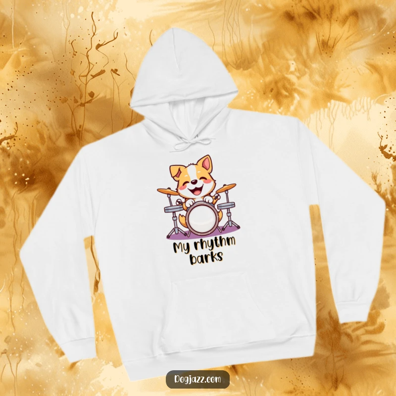 Funny dog hoodie with a happy dog joyfully pounding on a drum kit with its paws, offering comfort and musicality.