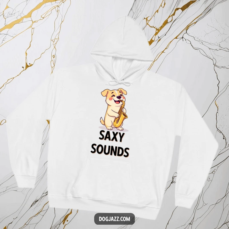 Funny Hoodie: A happy dog sits composed, playing a tenor saxophone with crossed paws, exuding musical talent and charm.