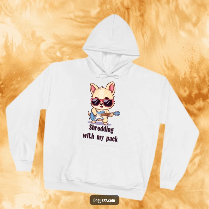 Funny rocker dog hoodie, sunglasses shading cool eyes, shredding an electric guitar with rock and roll energy.