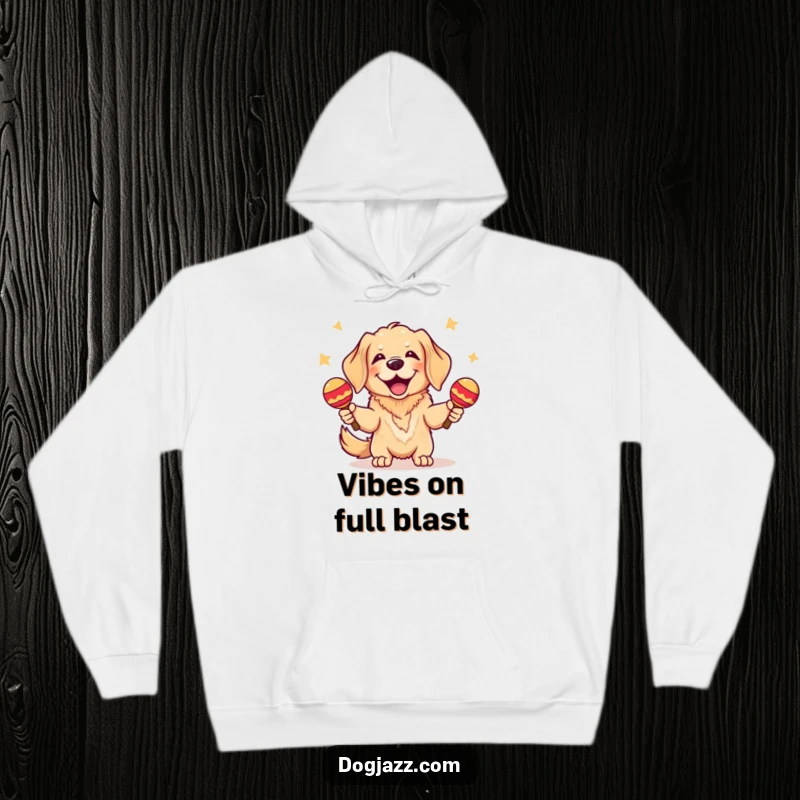 Funny Golden Retriever Hoodie: A happy dog enthusiastically shaking maracas, perfect for cozying up or jamming out.