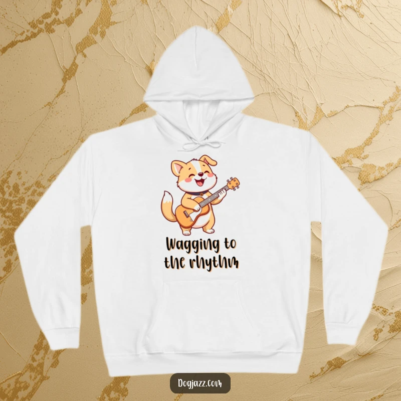 Funny hoodie featuring a cheerful dog character strumming a guitar with its tail wagging energetically.