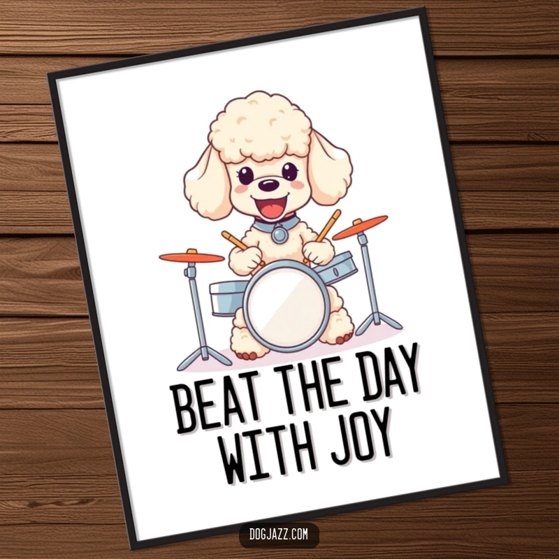 Funny Free Printable Wall Art: A delighted poodle enthusiastically plays a miniature drum set, bringing musical cheer.