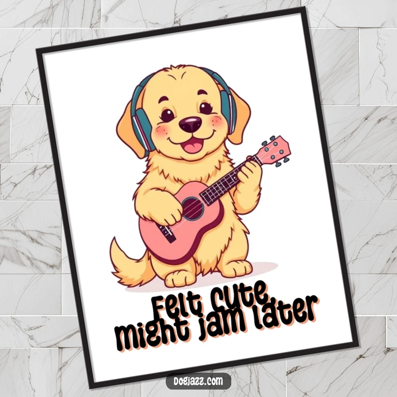 Funny Free Printable Wall Art: A golden retriever in headphones enjoys playing a ukulele.