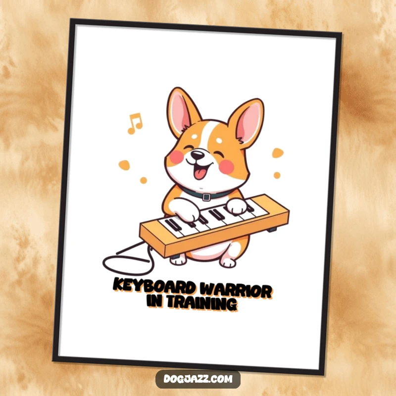 Funny Free Printable Corgi Wall Art: A corgi character sitting at a desk, happily tapping out a rhythm on a keyboard.