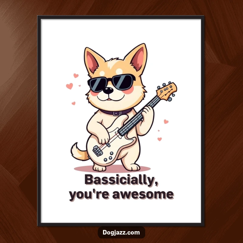 Funny Free Printable Wall Art: A dog wearing sunglasses, looking supremely cool while masterfully playing a jazz bass, a true music maestro.