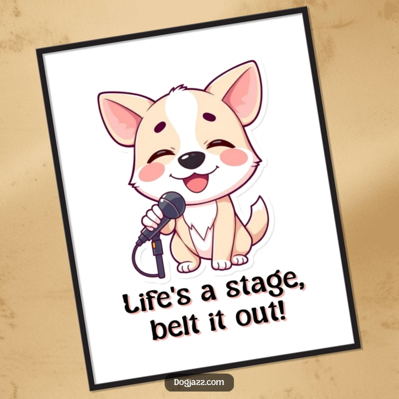 Funny Free Printable Wall Art: Smiling dog crooning into microphone with closed eyes, soulful singer decor, downloadable music art.