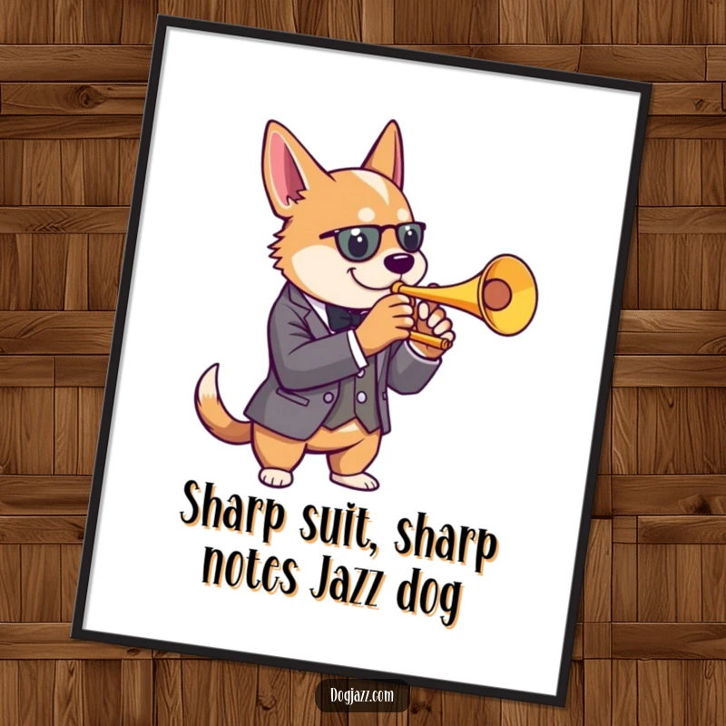 Funny Free Printable Wall Art: A dog in a sharp suit plays a cool jazz trumpet with effortless style.