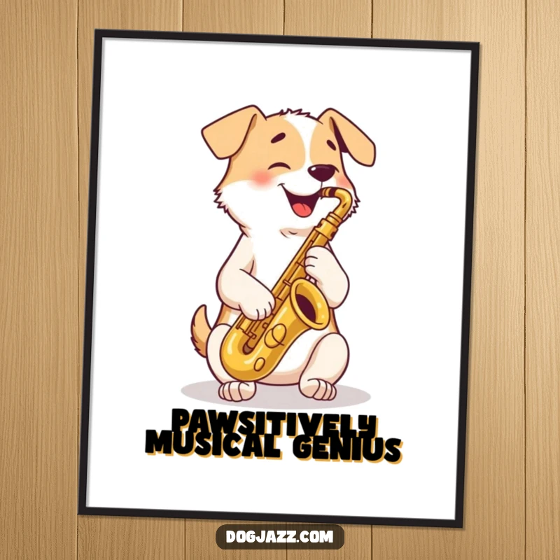 Funny Free Printable Wall Art: A happy dog plays a tenor saxophone with crossed paws. Cool jazz.