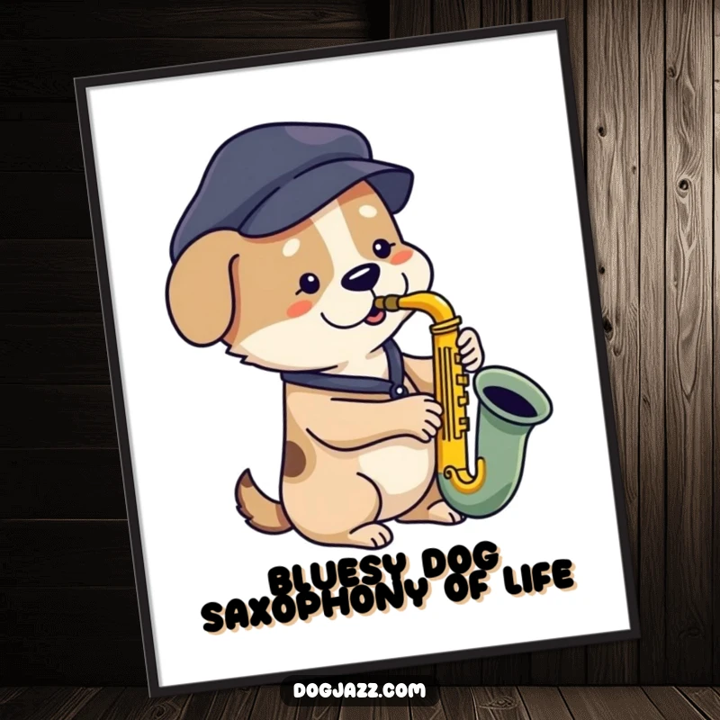 Funny Free Printable Wall Art: A dog wearing a beret plays a soulful bluesy saxophone, adding artistic flair.