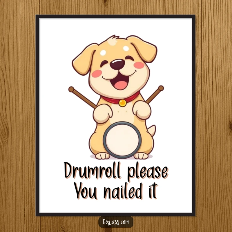 Funny Free Printable Wall Art: Energetic dog wildly playing drums with drumsticks, embodying pure musical passion and fun.
