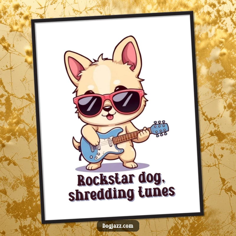 Funny Free Printable Wall Art: a dog wearing sunglasses playing electric guitar with incredible flair, a cool addition to any room.