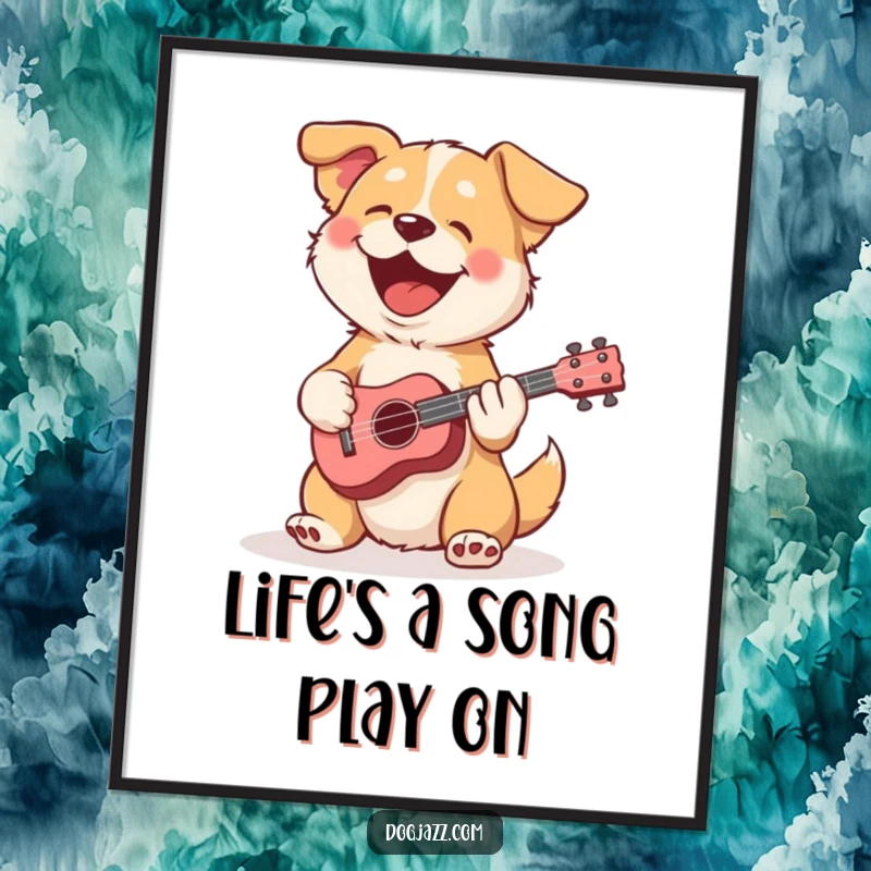 Funny Free Printable Wall Art: Adorable dog happily strumming a tiny ukulele, radiating positive vibes and musical joy.