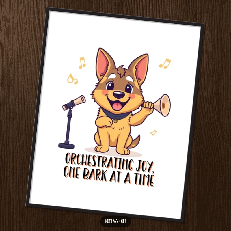Funny Free Printable Wall Art of a German Shepherd joyfully conducting an unseen band, exuding happy authority. Downloadable decor.
