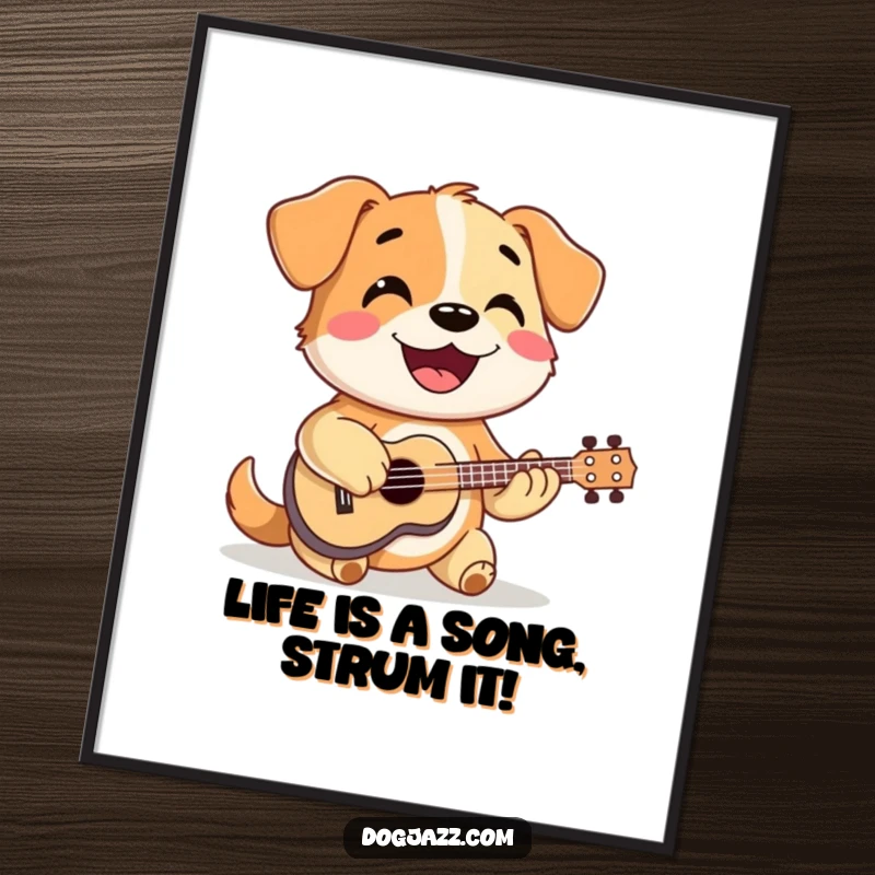 Funny Free Printable Wall Art: Happy dog enthusiastically strumming a ukulele with a smile, cheerful music decor, downloadable art.