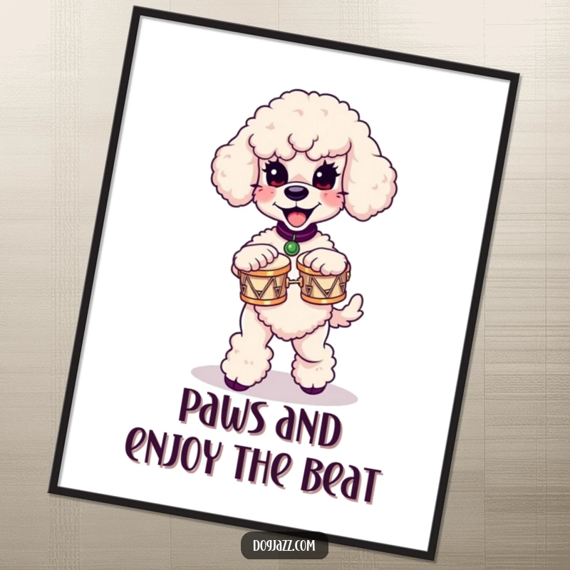 Funny Free Printable Wall Art: A joyful poodle dances dynamically, skillfully playing a set of miniature bongos with musical passion.