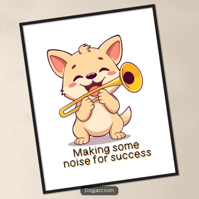 Funny Free Printable Wall Art: A happy dog with a trombone creates a lively, jazzy scene.