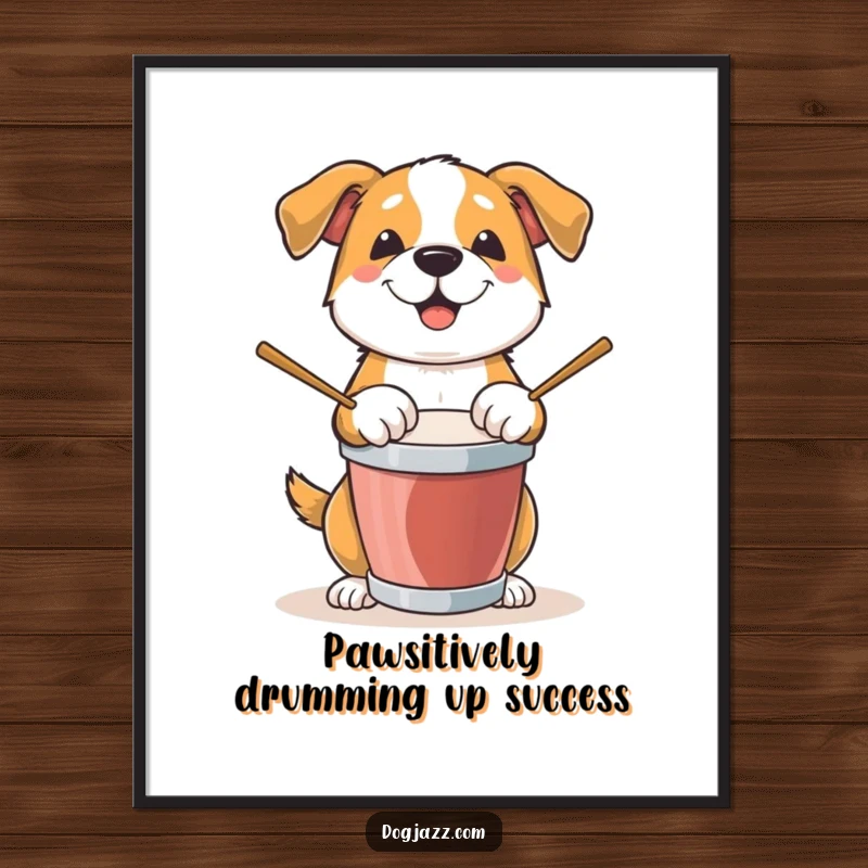 Funny Free Printable Wall Art: A dog enthusiastically playing drums, a vibrant and humorous piece of downloadable decor.