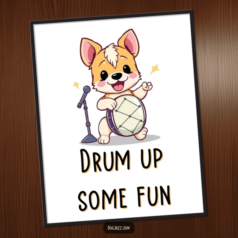 Funny Free Printable Wall Art: Energetic terrier character tapping a drum, creating a lively musical vibe, home decor.